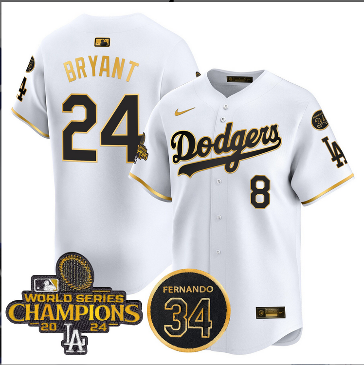 Men MLB Los Angeles Dodgers 24 Bryant white 2024 World Series Champions Patch Limited Jersey style 3